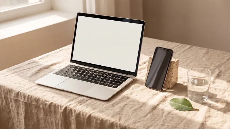 Open laptop with a blank screen on a linen table beside a phone propped against a stone block