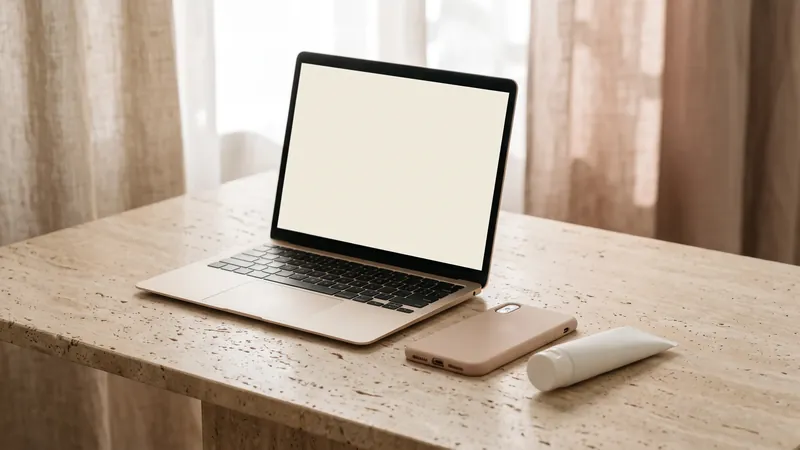 Open laptop with a blank screen beside a face-down phone and a cream tube on a stone desk