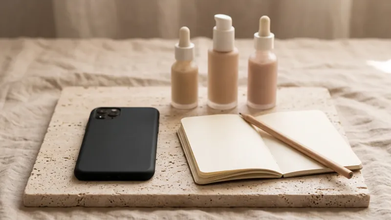 A phone face down beside an open blank notebook and three frosted skincare bottles on stone