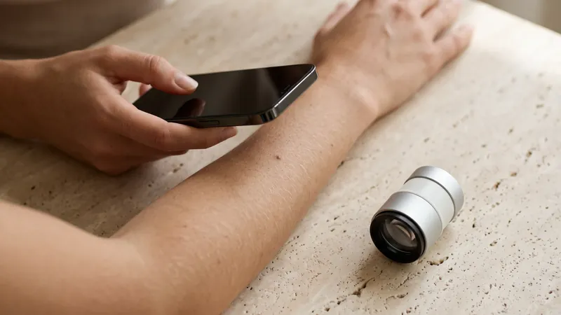 A phone angled toward a patch of forearm skin on a stone surface beside a small magnifier