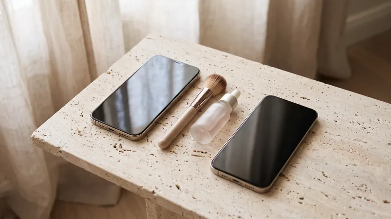 Two phones side by side on a stone surface with a makeup brush and a serum bottle