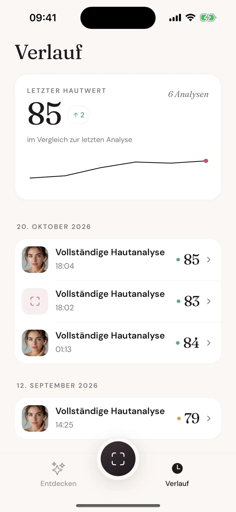 Beeuty-Verlaufsbildschirm mit Trendlinie des Skin Scores und früheren Analysen