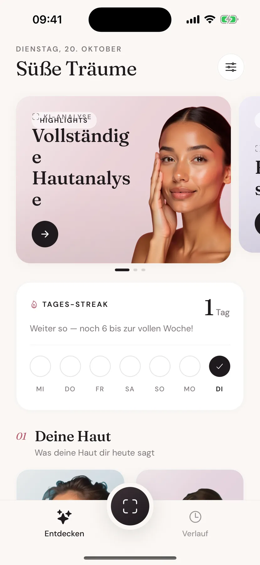 Beeuty-Startbildschirm mit der hervorgehobenen Hautanalyse und der täglichen Serie