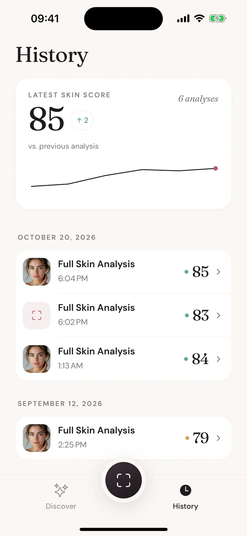 Beeuty History screen with a skin score trend line and past analyses