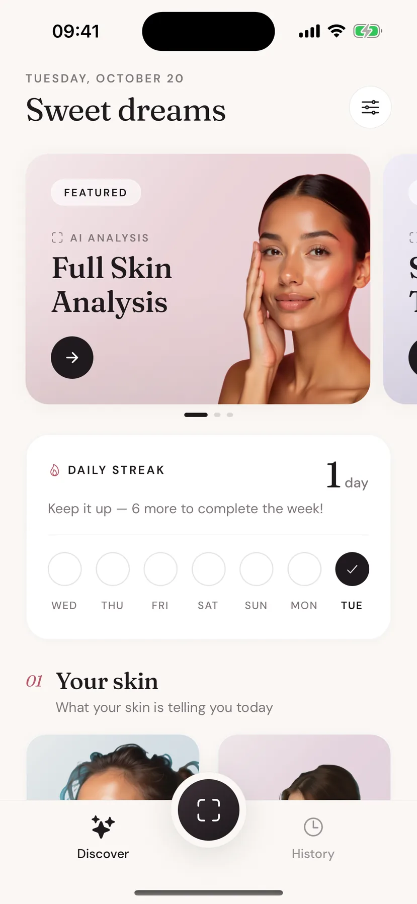 Beeuty home screen with the featured skin analysis and a daily streak