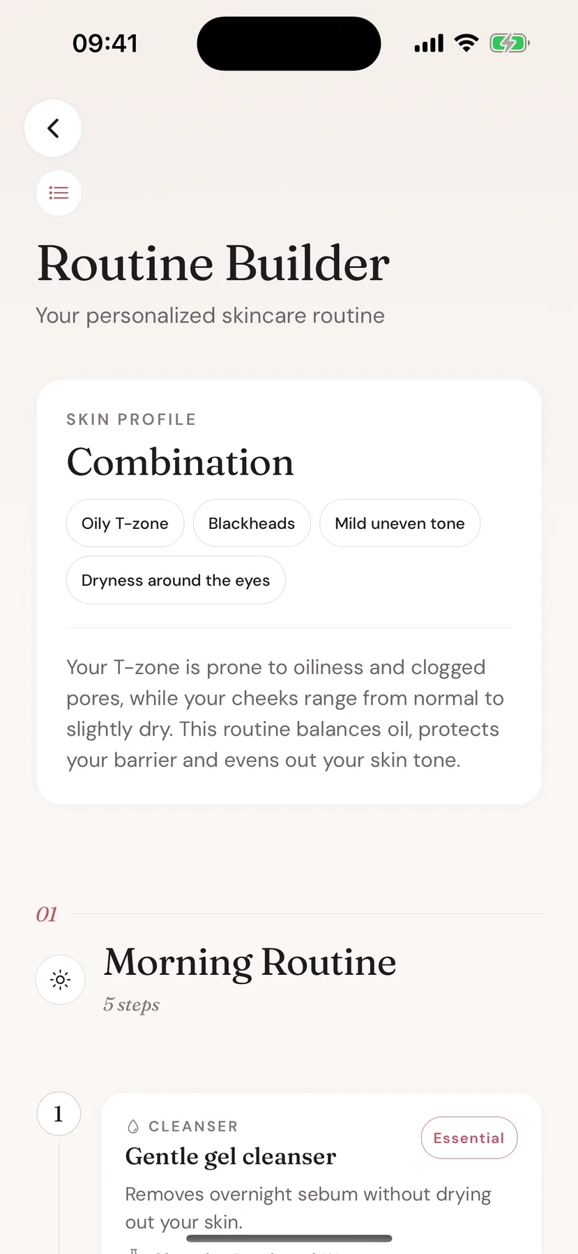 Beeuty Routine Builder screen showing a skin profile and a morning routine