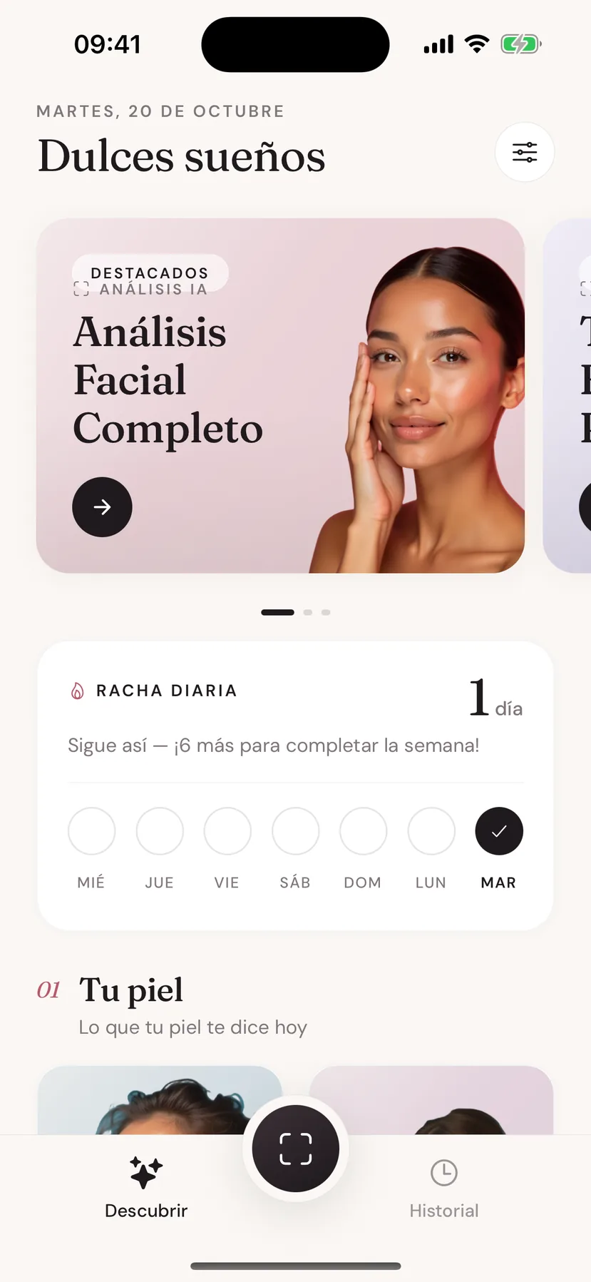 Pantalla de inicio de Beeuty con el análisis destacado y la racha diaria