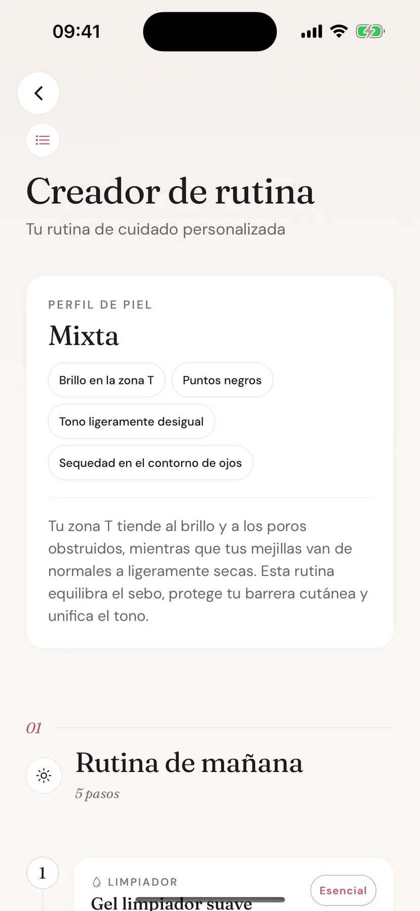Pantalla del creador de rutinas de Beeuty con perfil de piel y rutina de mañana