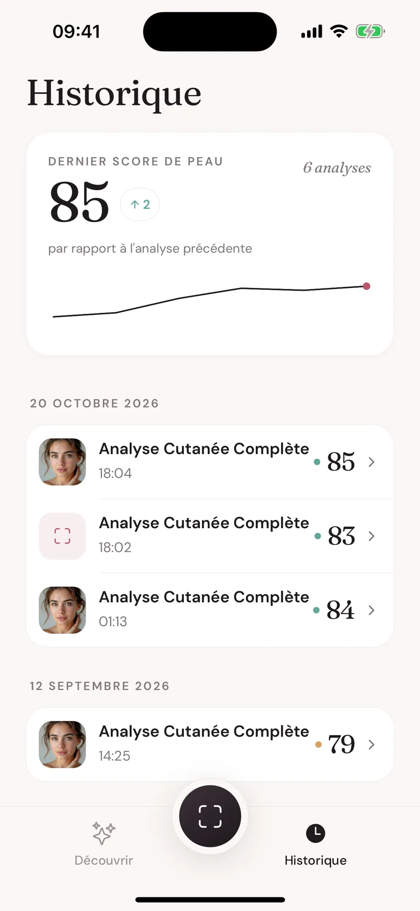 Écran Historique de Beeuty avec la courbe du score de peau et les analyses passées