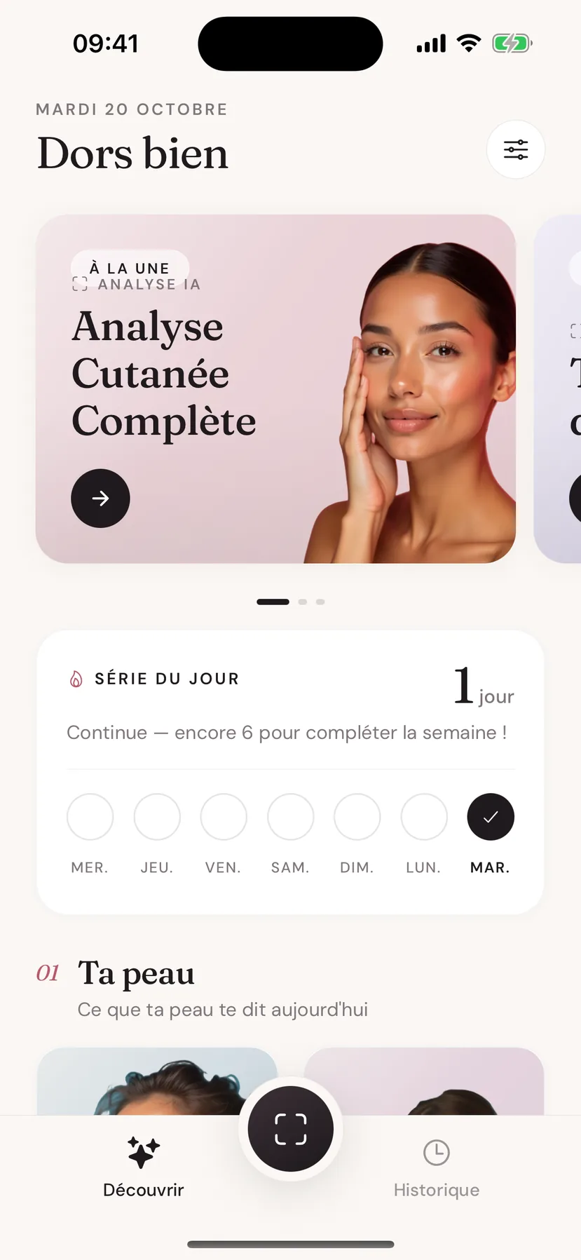 Écran d'accueil Beeuty avec l'analyse mise en avant et la série quotidienne