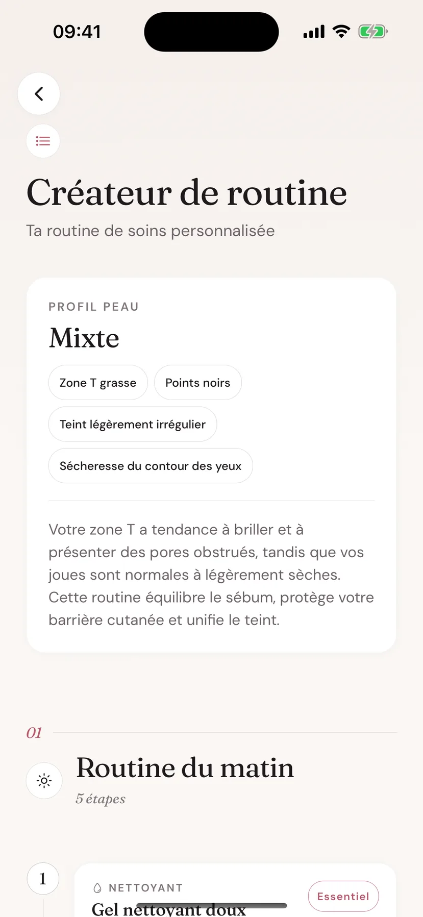 Écran Routine Builder de Beeuty avec un profil de peau et une routine du matin