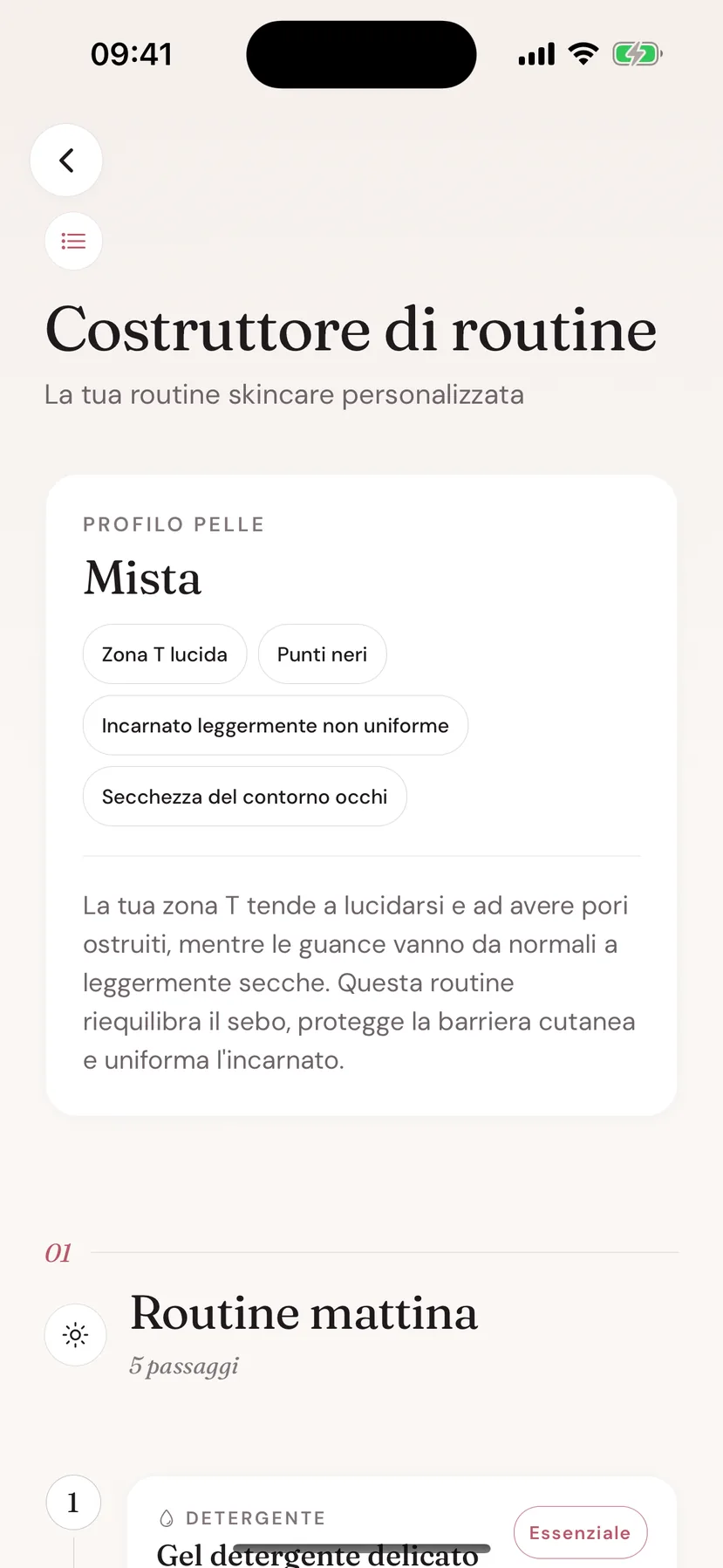Schermata Routine Builder di Beeuty con profilo della pelle e routine del mattino