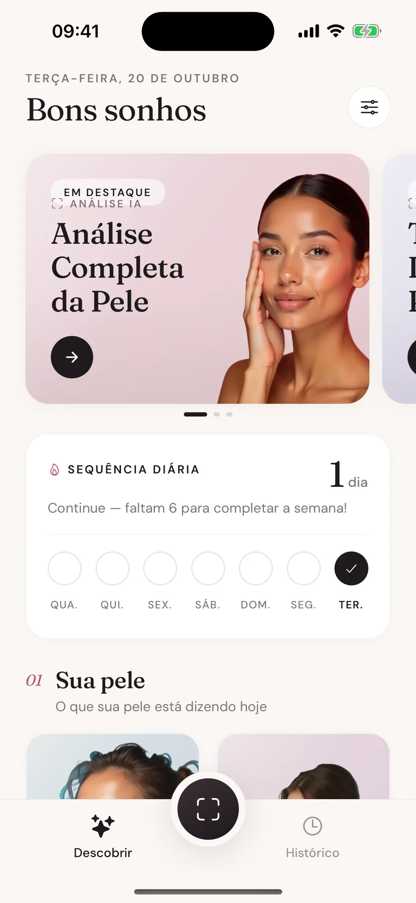 Tela inicial do Beeuty com a análise em destaque e a sequência diária