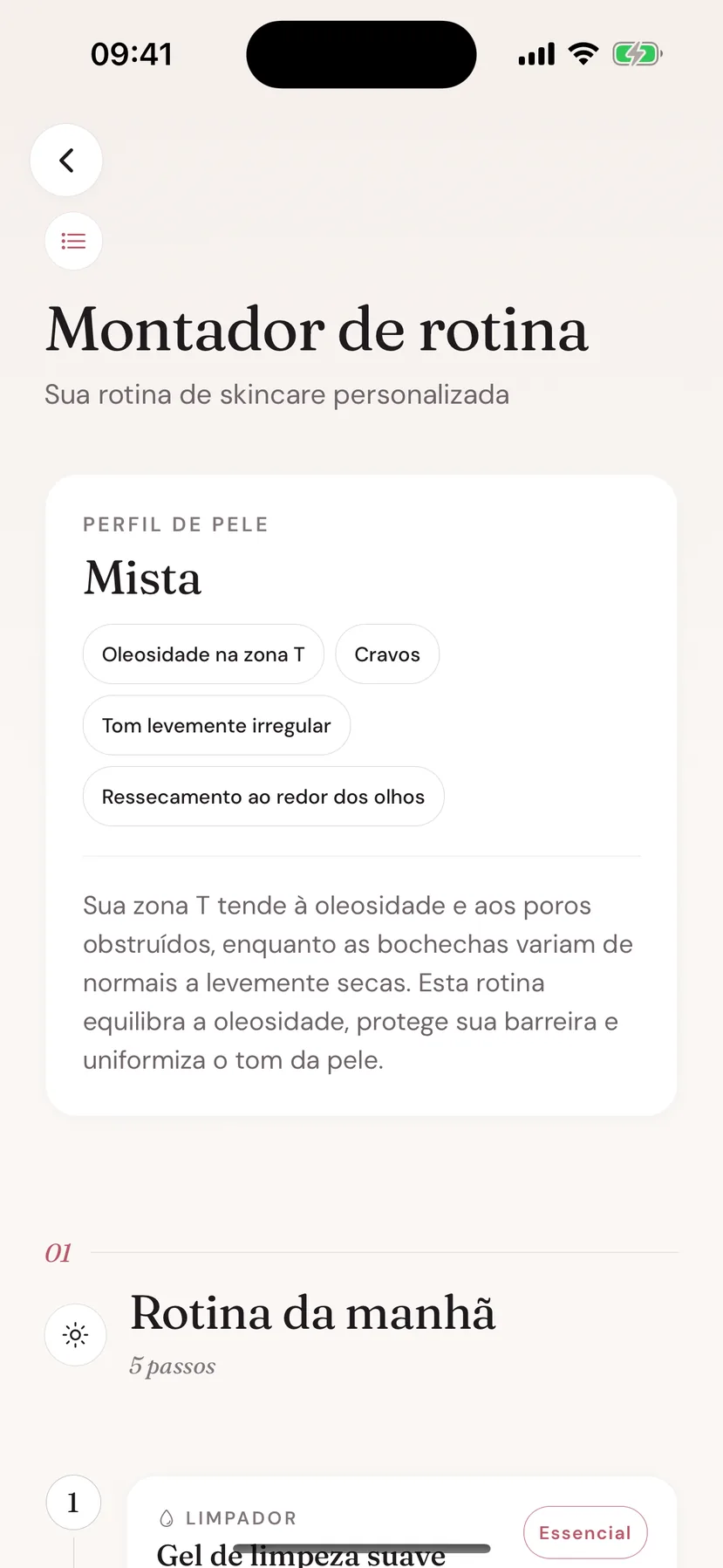 Tela do criador de rotina do Beeuty com perfil de pele e rotina da manhã