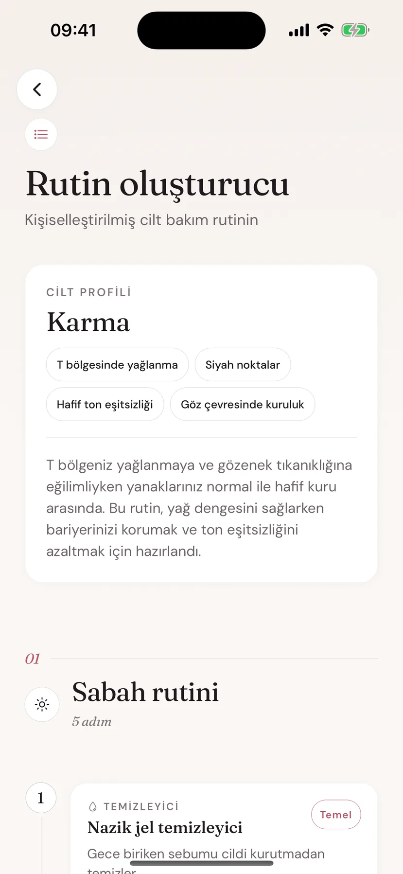 Cilt profili ve sabah rutini gösteren Beeuty Rutin Oluşturucu ekranı
